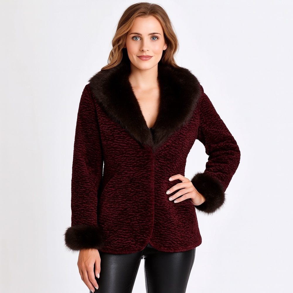 Vintage Burgundy Faux Persian Lamb Coat with Fur Trim Retro Glam